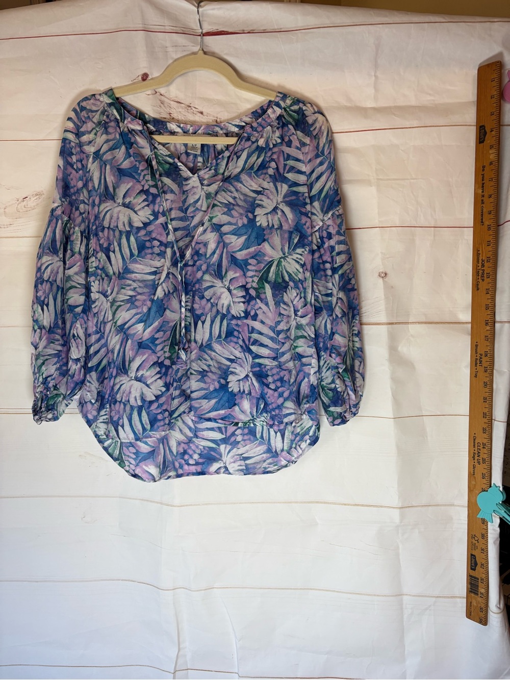 Tommy Bahama Lavender and Blue Tropical Print Tie-Neck Blouse
